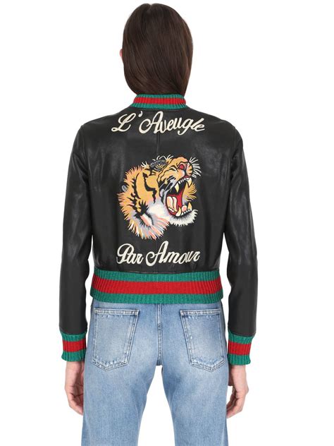 gucci leather bomber with embroideries|Gucci tiger bomber jacket.